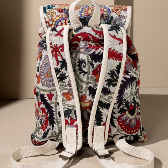 Handmade Boho Chic Backpack - Charming Jacquard Flower Pattern - Fine Cotton - Picture 10 of 11